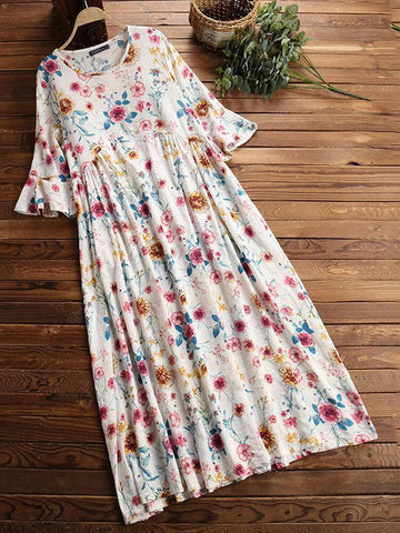 Half Sleeve O-neck Pleated Floral Print Vintage Maxi Dress