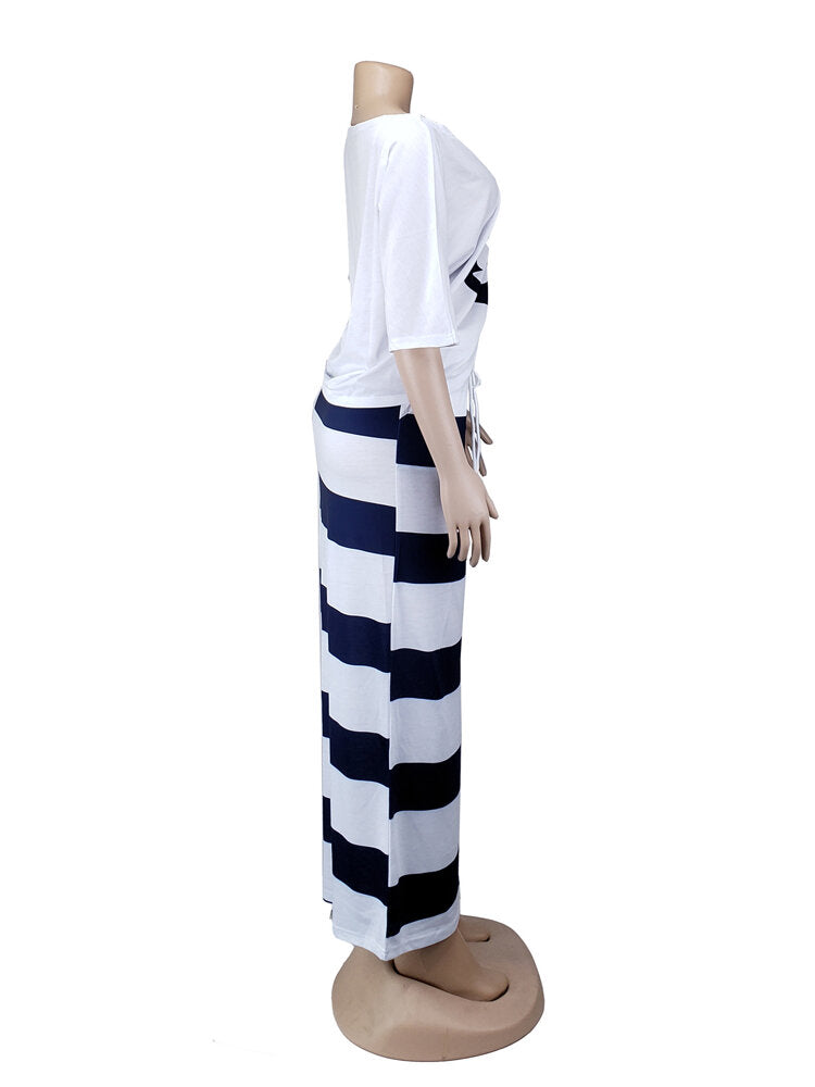 Stripe Off Shoulder Loose Drawstring Wasit Casual Two Pieces Sets