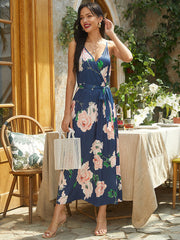 Bohemian Floral Print High Waist V-neck Pleated Maxi Dress