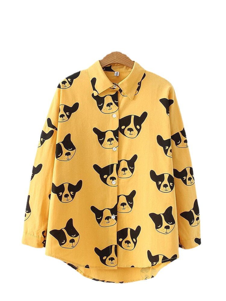 Cartoon Dog Animal Print Button Down Long Sleeve Irregular Hem Casual Blouse For Women