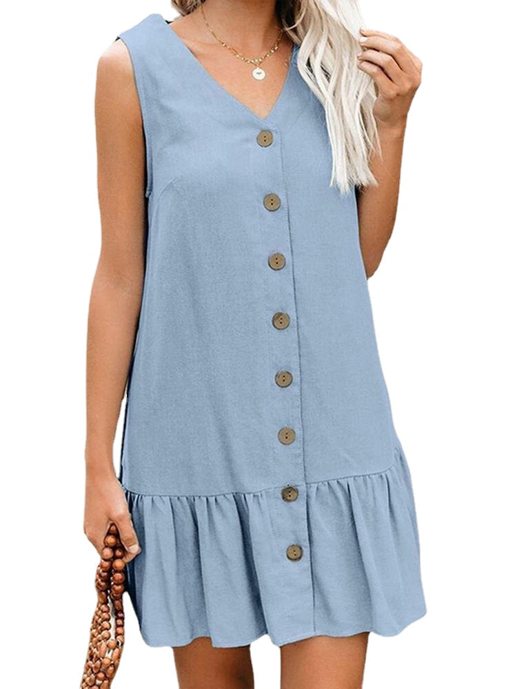 Cotton Solid Button Ruffle Sleeveless V Neck Casual Dress