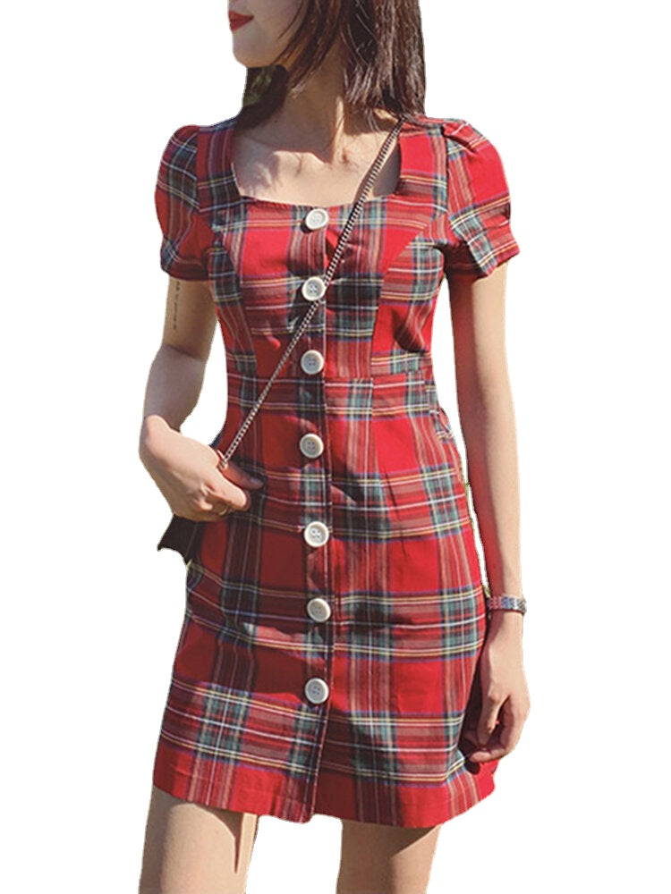 Plaid Square Neck Streetwear Holiday Women Dress