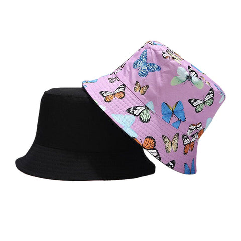 Women Double-sided Cotton Butterfly Pattern Casual Young Sunvisor Bucket Hat