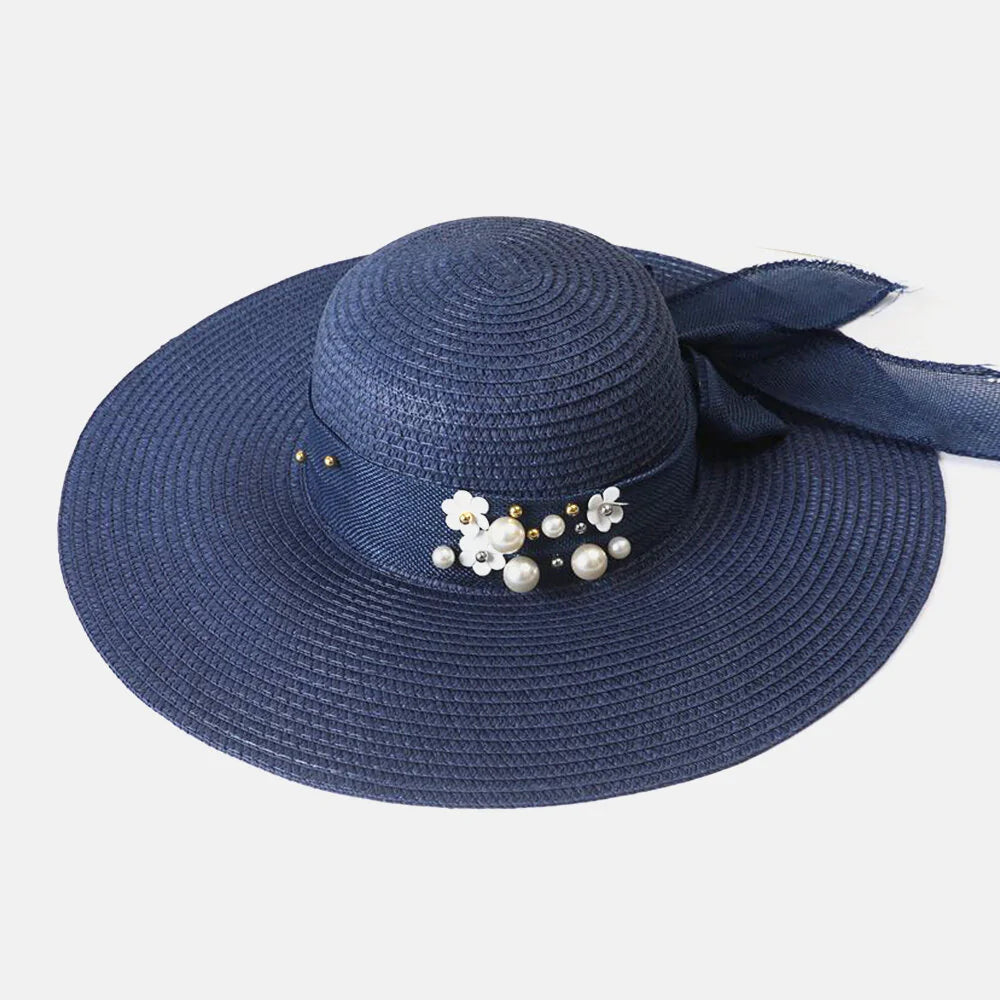 Women Straw Solid Color Elegant Big Brim Pearl Bowknot Wavy Edge Visor Sun Hat Beach Hat Bucket Hat