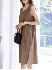 Leisure Solid Slit Hem V Neck Sleeveless Cotton Midi Dress