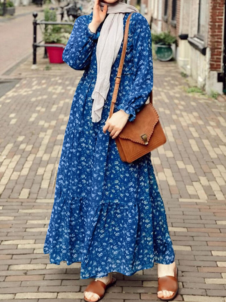 Women Allover Floral Print Puff Sleeve Ruffled Hem Casual Holiday Layered Dress