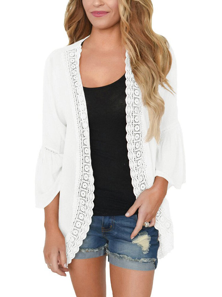 Women Solid Color Lace Trim Light Cardigans