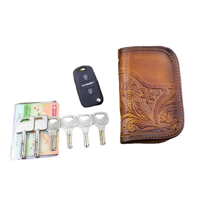 Men Genuine Leather Vintage Printed Car Key Bag Wallet