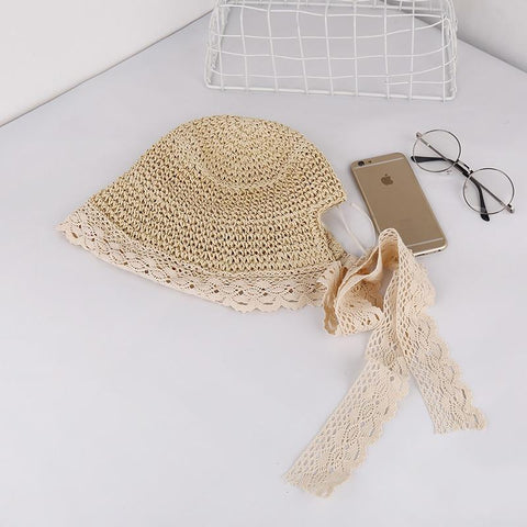 Women Lace Brim Foldable Sunscreen Bucket Straw Hat Outdoor Casual Travel Beach Sea Floppy Hat