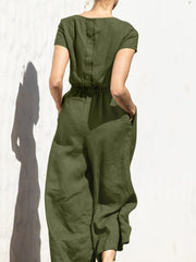 Solid Pocket Elastic Waist Short Sleeve Casual Cotton Jumpsuit