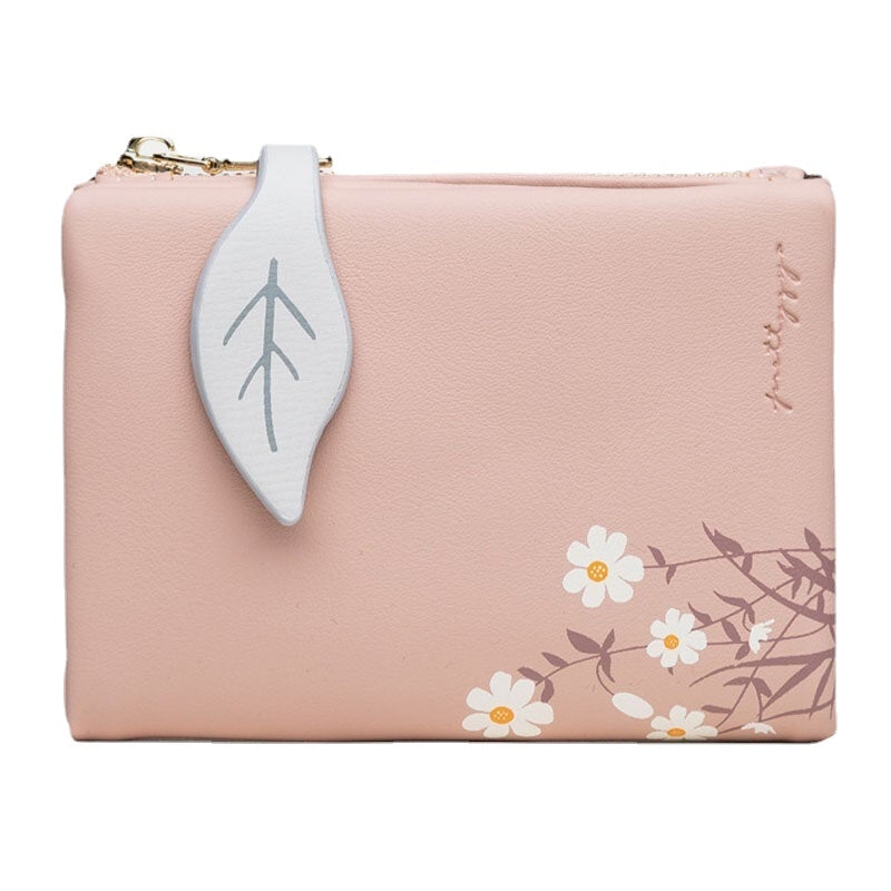 Women PU Leather Floral Printing Casual Mini Easy Carry Money Clip Card Holder Wallet