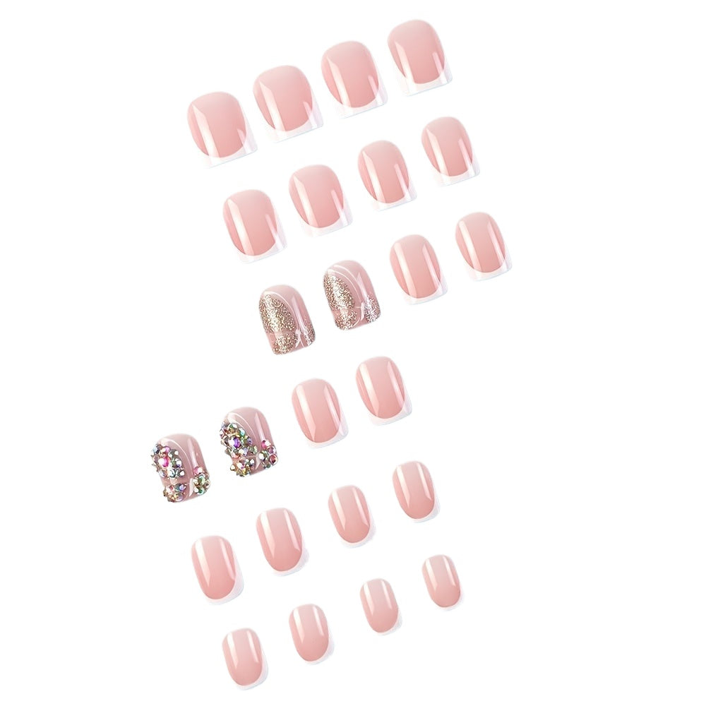 24pcs Glossy Short Square Fake Nails, White French Tip, Pink Rhinestone Design, Press On Nails for Women Girls