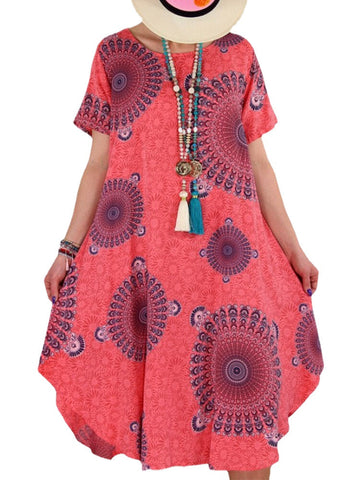 Women Tribal Print Round Neck Short Sleeve Vintage Dresses