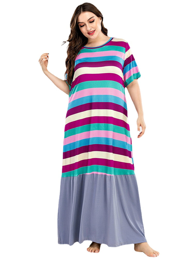 Plus Size Women Colorful Stripe Patchwork Short Sleeve Home Casual Nightgowns
