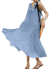 Solid Color Sleeveless V-neck Pleated Layered Lace Up Daily Casual Maxi Dress