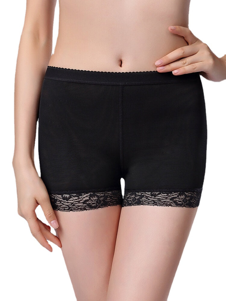 Plus Size Women Solid Color Lace Trim Removable Pad Thin Lift Hips Panties