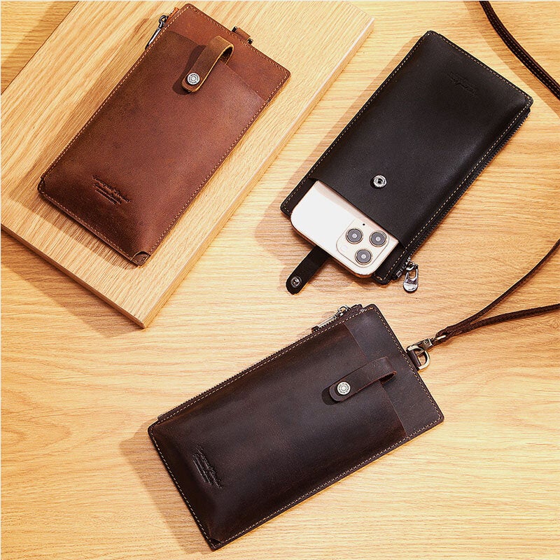 Unisex Genuine Leather Cowhide Zipper Buckle Retro 6.3 Inch Phone Bag Clutch Wallet