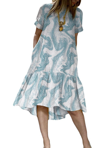 Leisure Wave Pattern Short Sleeve Ruffle Midi Print Dress