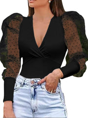 Polka Dot Mesh Puff Sleeve V-neck Knitted Casual Blouse For Women