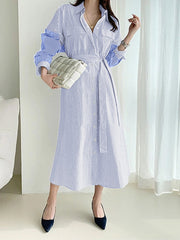 Stripe Contrast Color Pocket Belt Button Down Shirt Dress