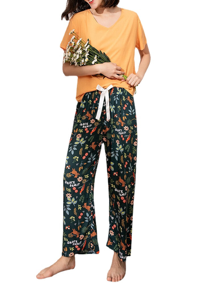 Women Ethnic Style Crane Print V-Neck Wide Leg Pajama Set