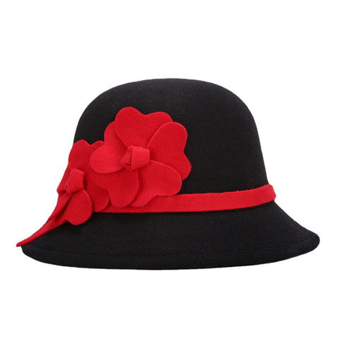 Women Artificial Wool Dome Short Brim Flower Decoration Felt Hat Bucket Hat Casual Autumn Winter Warm Top Hat