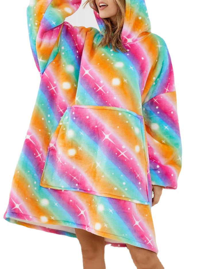 Women Rainbow Flannel Fleece Lined Warm Thick Oversized Blanket Hoodie With Front Pocket