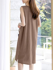 Leisure Solid Slit Hem V Neck Sleeveless Cotton Midi Dress