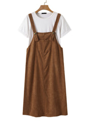 Women Solid Adjustable Shoulder Strap Front Pocket Corduroy Button Sleeveless Midi Dresses