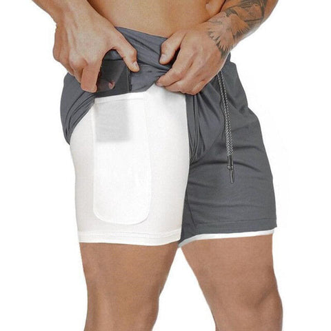 2-in-1 Men's Running Shorts Double-deck Quick Drying Jogging Gym Short Pants with Phone Pocket
