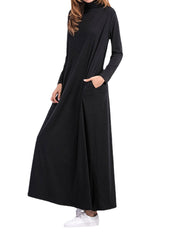Casual Women Long Sleeve Pure Color Turtleneck Pocket Long Dress