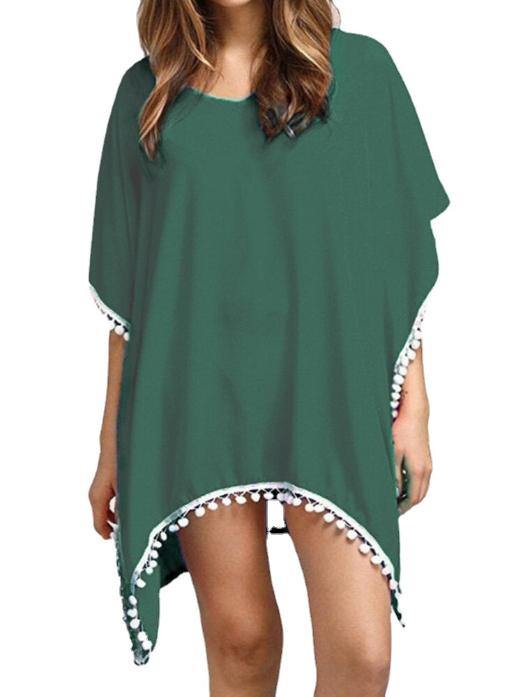 Women Solid Color Tassel Bat Sleeve Sun Protection Cover Ups Sunscreen Beachwear