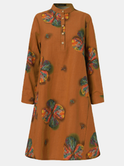 Women Cotton Button Vintage Print High-LowHem Retro Shirt Dress