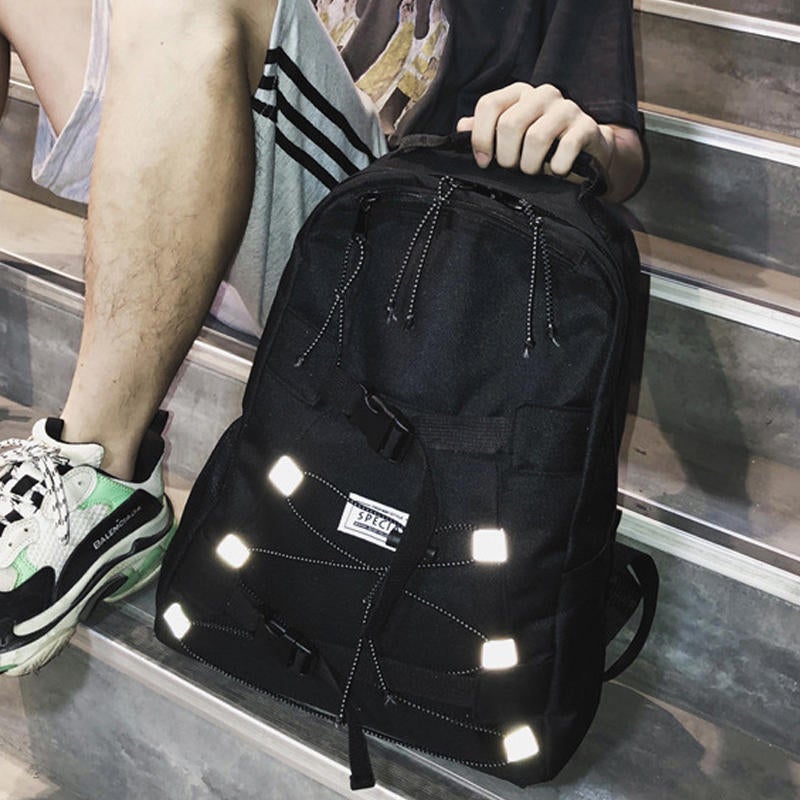 Men Fashion Light Weight Backpack Super Reflective Belt Casual Large Capacity Tooling Student Bag