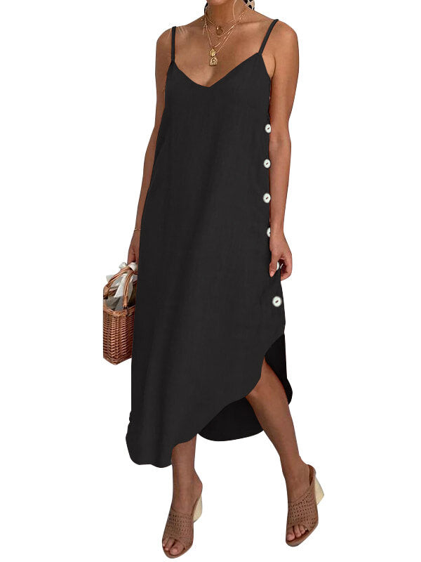 Women Sleeveless Strap V-neck Button Solid Maxi Dress