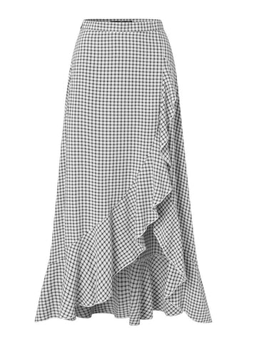 Women Mid-Calf Length Ruffle Pleated Irregular Hem Plaid Splicing Skirt
