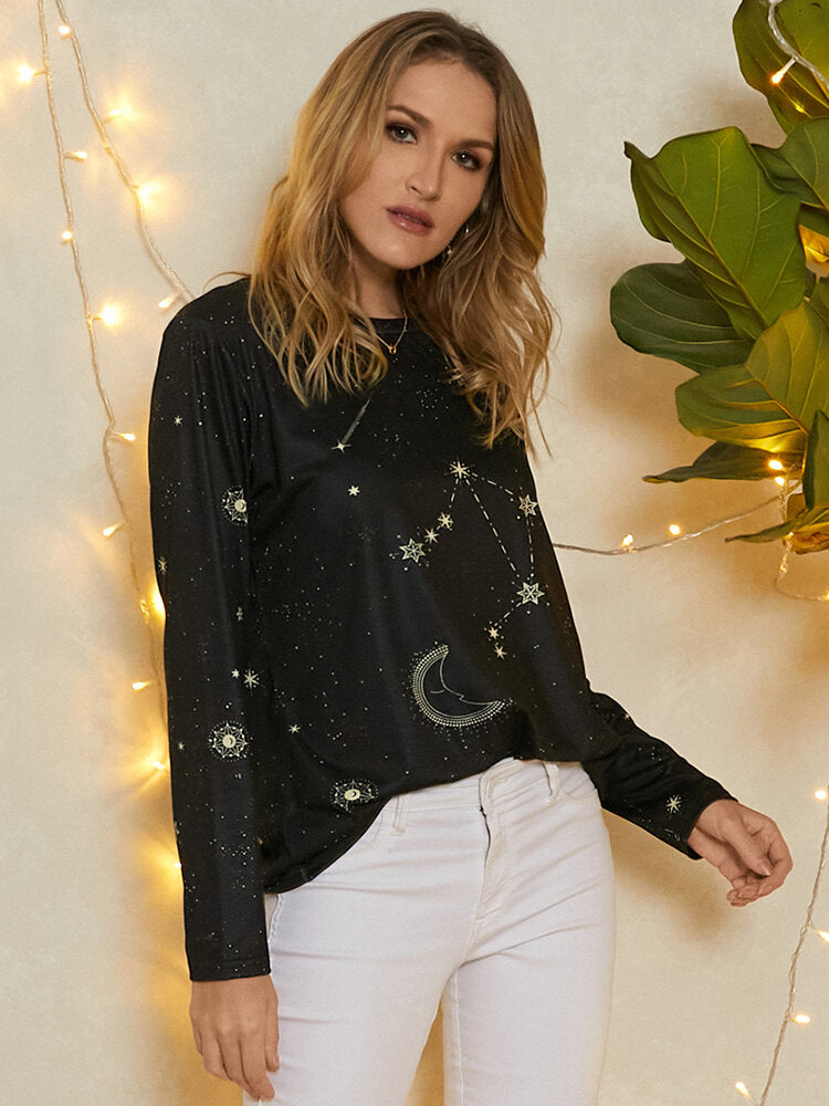 Women Libra Celestial Print Round Neck Casual Long Sleeve Blouses