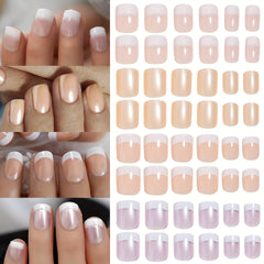 96 Pieces Short Square Press On Nails - 4 Colors, Full Cover, White French Glitter Design