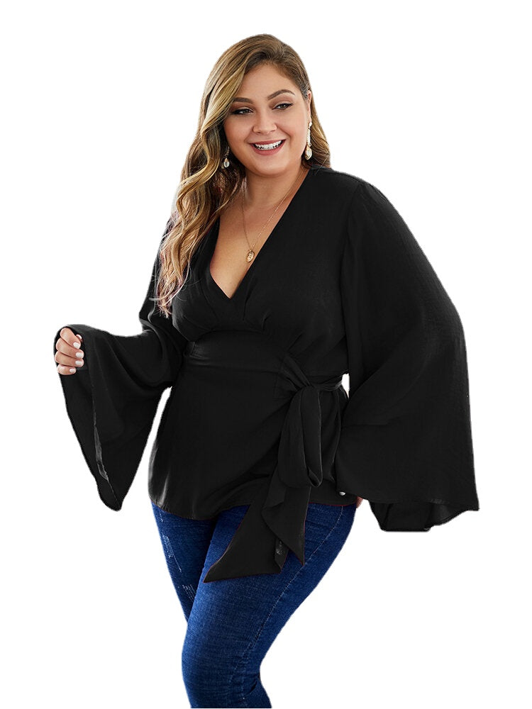 Plus Size Women Solid Color V-Neck Knotted Side Casual Long Sleeve Blouses