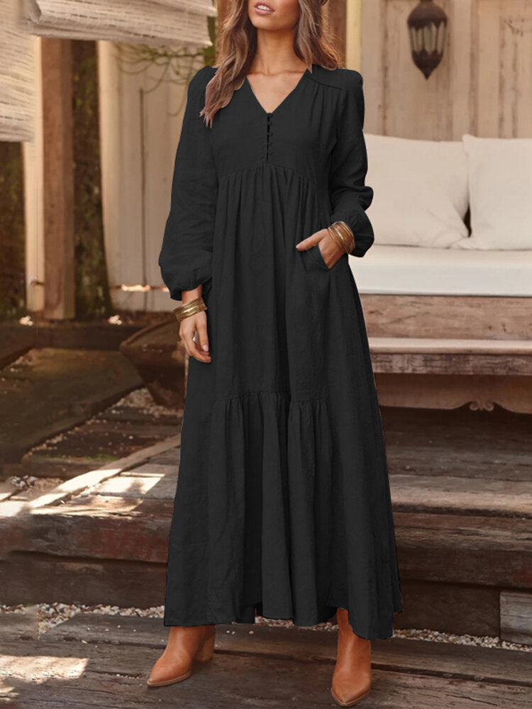 Women Solid Color V-neck Long Sleeve Causal Maxi Dress