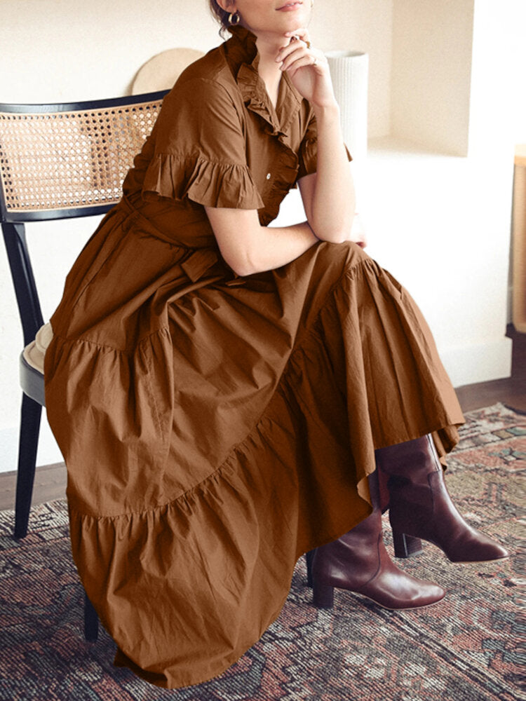 Casual Solid Color Lapel Collar Button Belted Pleated Ruffles Maxi Dress