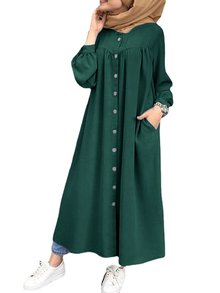 Solid Color Stand Collar Button Down Front Leisure Loose Maxi Dress with Side Pockets