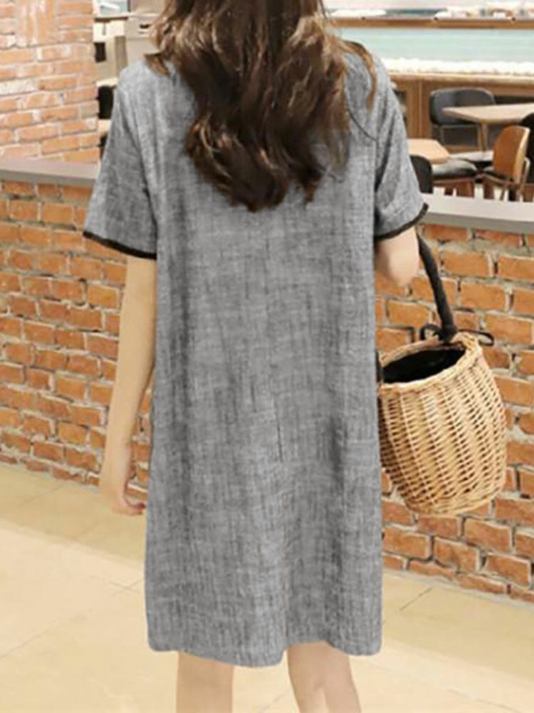 Contrast Color Pocket Short Sleeve Midi Casual Dress