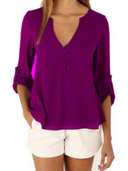 Chiffon Buttons V-Neck Irregular Hem Adjustable Sleeves Solid Causal Blouse