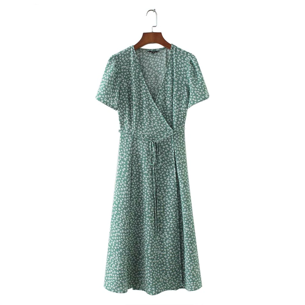Vintage Casual V-neck A-line Midi Wrap Dress With Floral Pattern