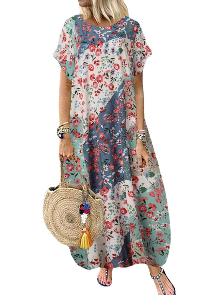 Women Retro O-neck Multicolor Floral Print Short Sleeve Loose Holiday Baggy Maxi Dress With Pocket