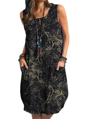 Plant Print Cotton Pocket Button Round Neck Sleeveless Midi Dress