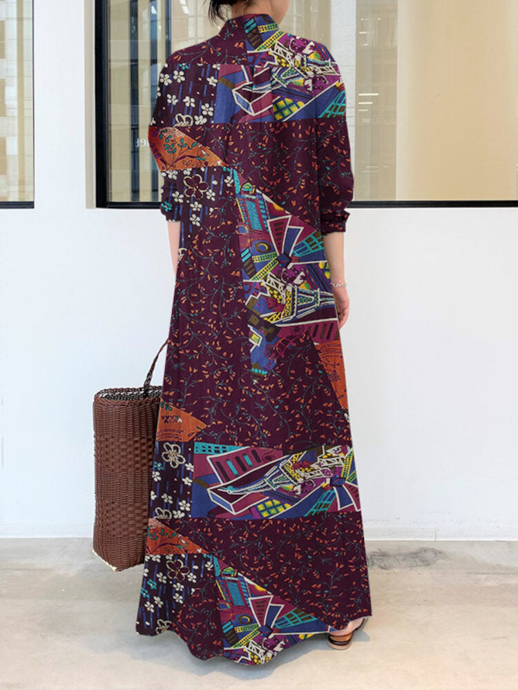 Color Contrast Geometry Print Lapel Collar Split Hem Shirt Dress Long Sleeve Pocket Maxi Dress