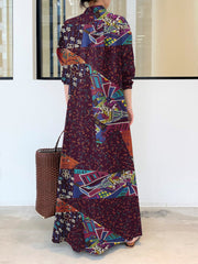 Color Contrast Geometry Print Lapel Collar Split Hem Shirt Dress Long Sleeve Pocket Maxi Dress