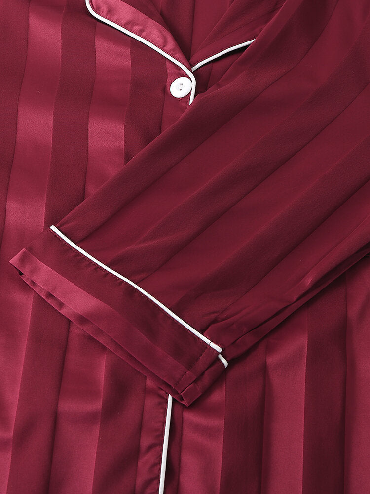 Women Silk Vertical Stripes Chest Pocket Long Sleeve Shirt Nightdress